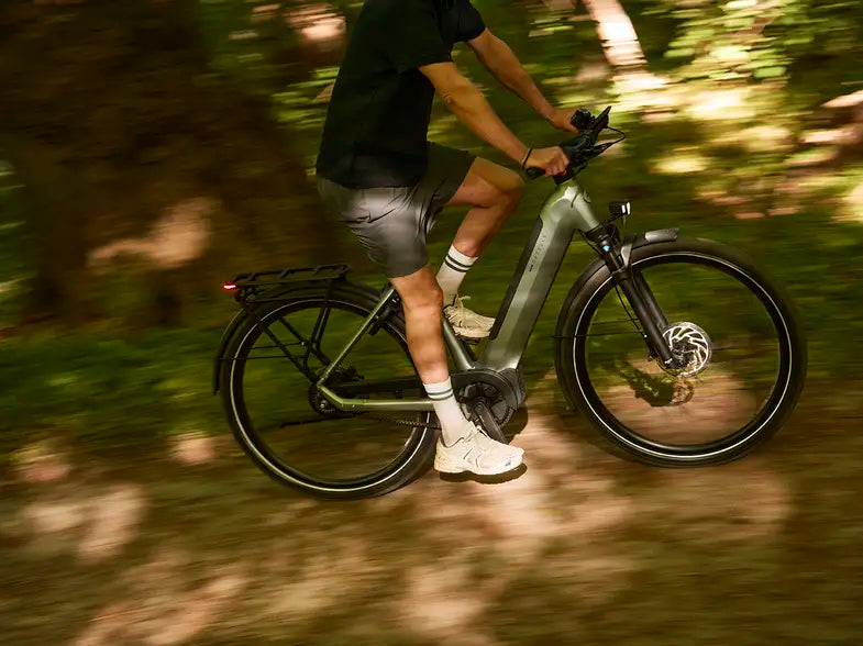 A man riding an e-bike in nature on a light off-road track.