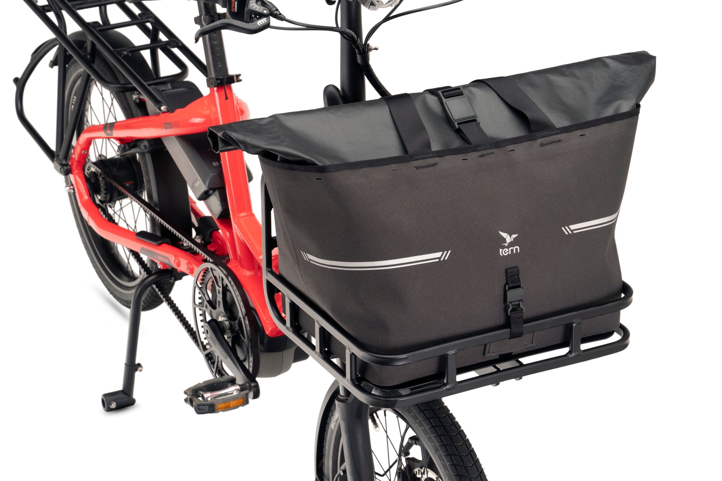 Red bicycle with a black bag attached to the front  on a white background