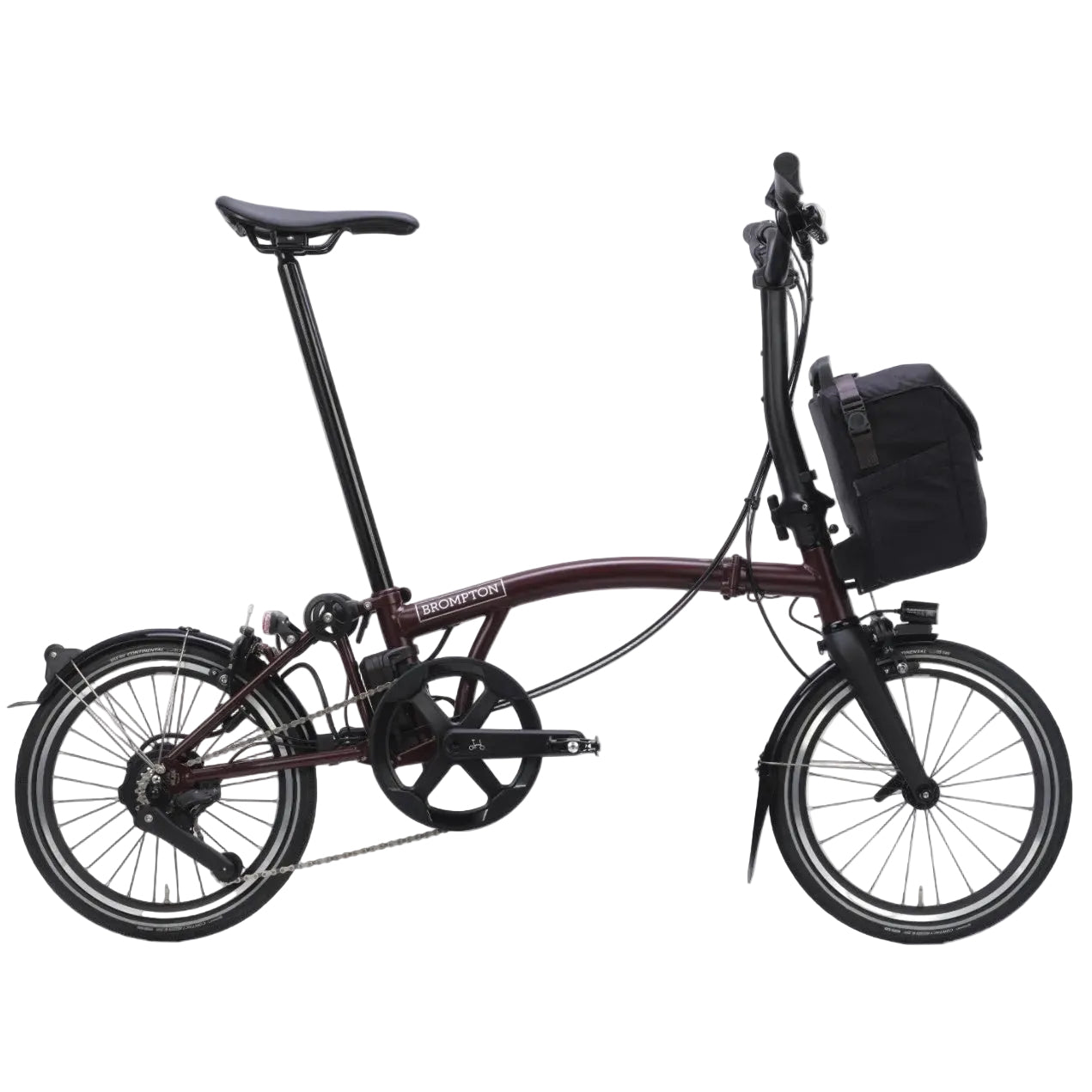 Purple Brompton folding bicycle with a black bag on a white background