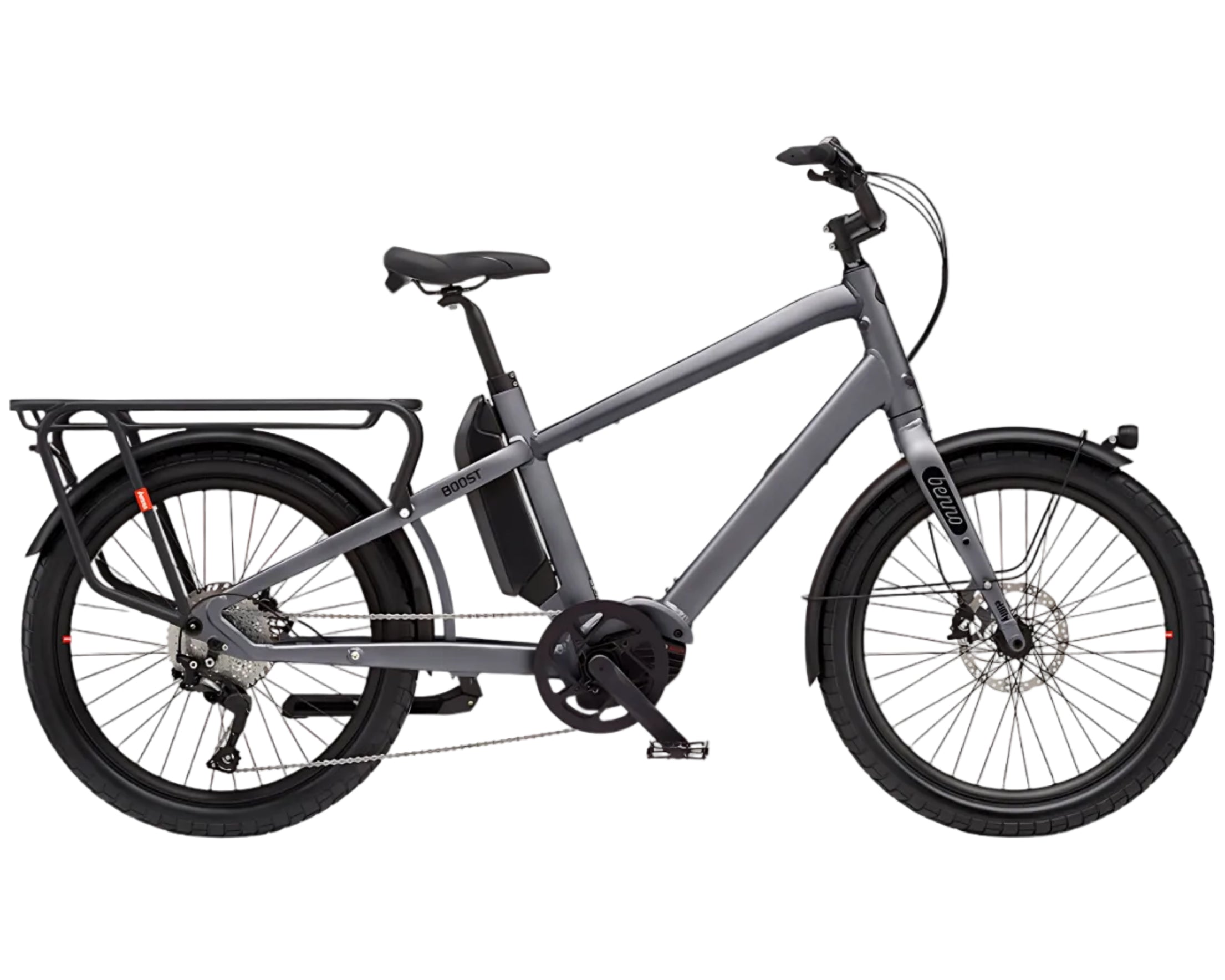 Grey electric cargo bicycle with a basket on a white background
