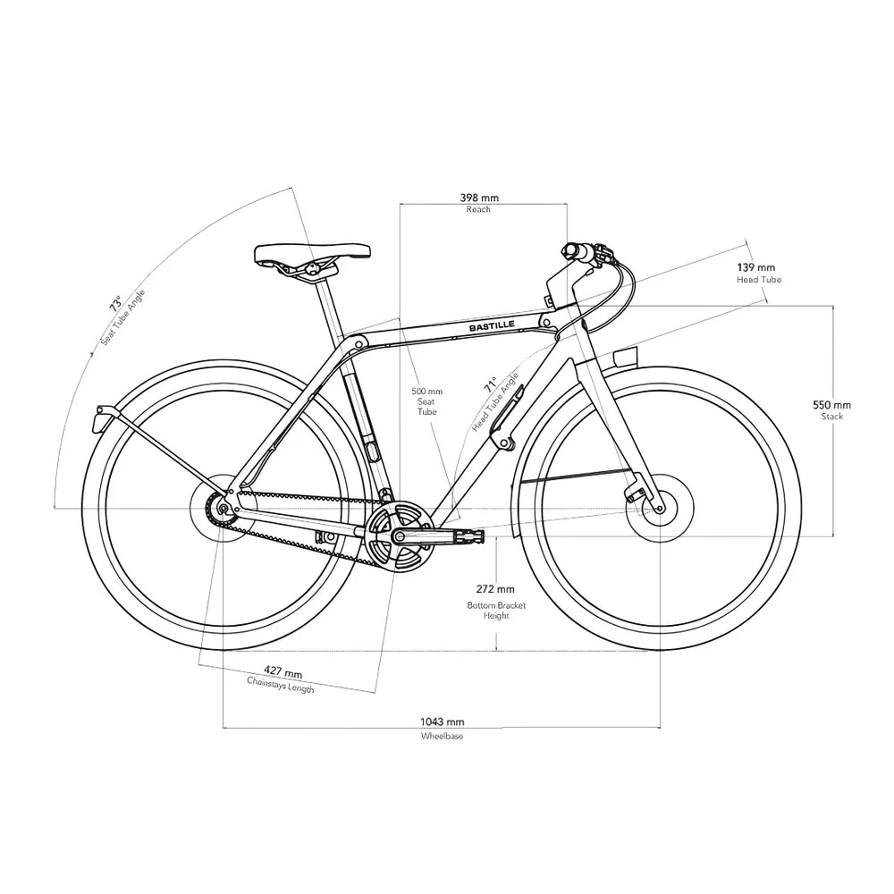 Technical drawing of a bicycle with dimensions labeled