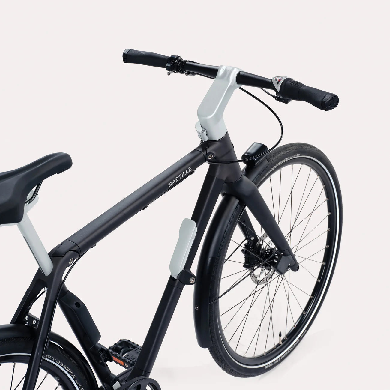 Black Bastille bicycle with white frame on a light grey background