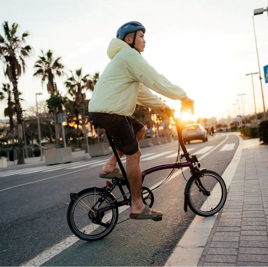 Person riding a Brompton folding bicycle on a sidewalk with palm trees in the background.