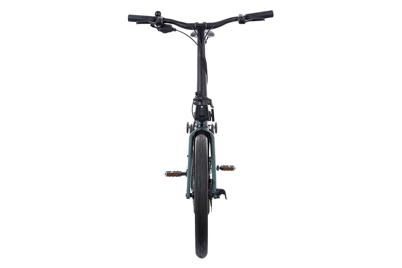 Green and black Brompton bicycle on a white background