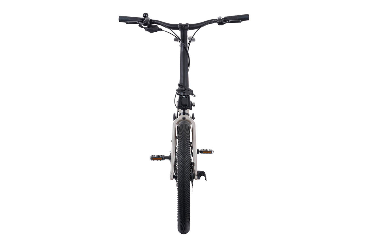 A black folding bicycle is shown from a front-facing perspective against a solid white background.