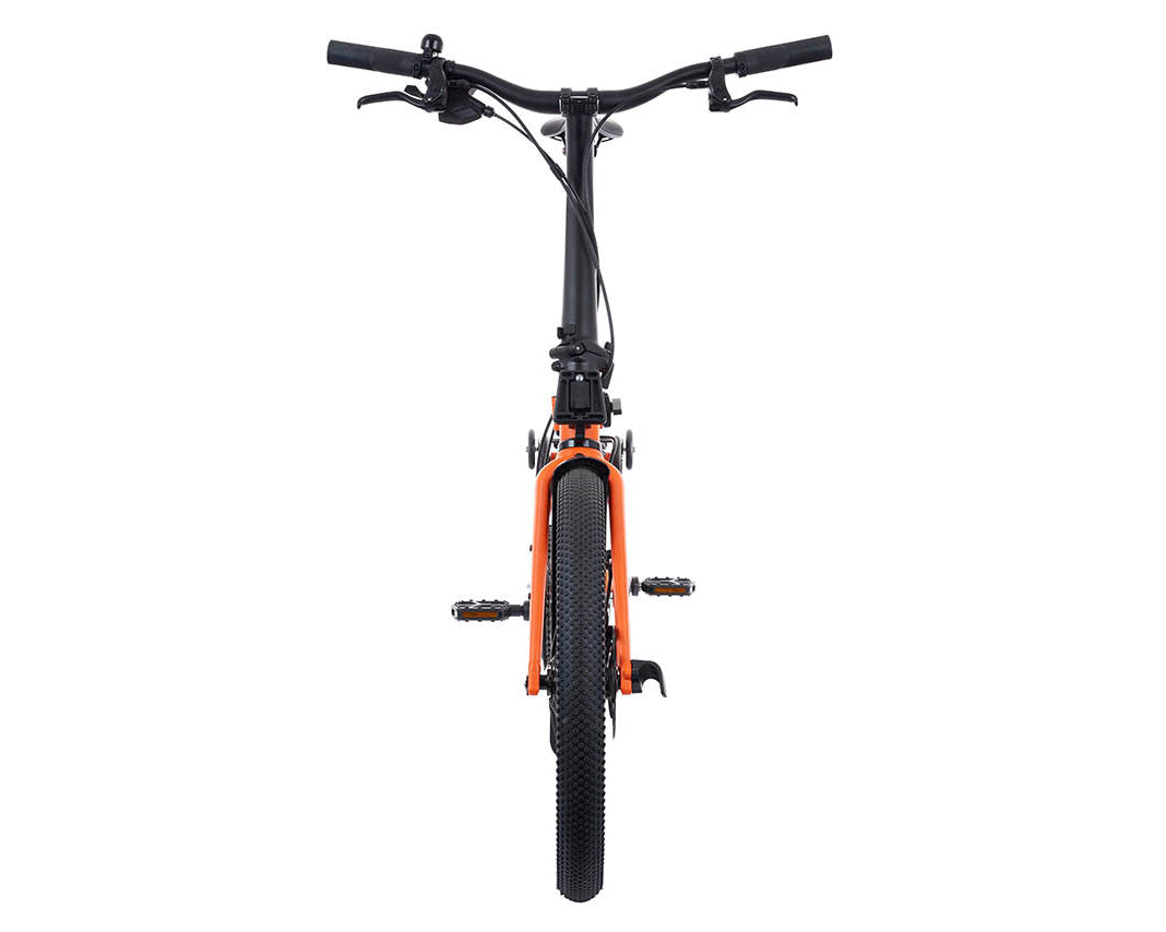 Black and orange Brompton g Line bicycle on a white background