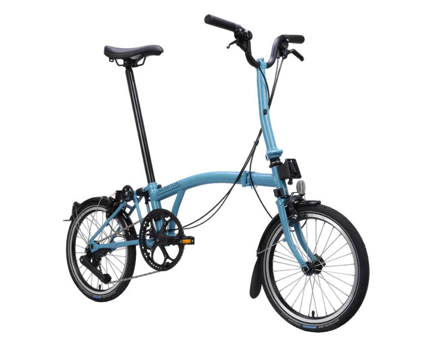 Blue folding bicycle on a white background