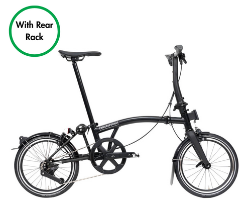 Black folding bicycle with a rear rack on a white background