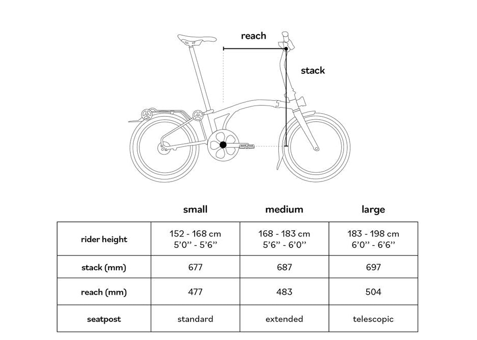 Diagram of a bicycle with dimensions for small, medium, and large sizes on a white background.