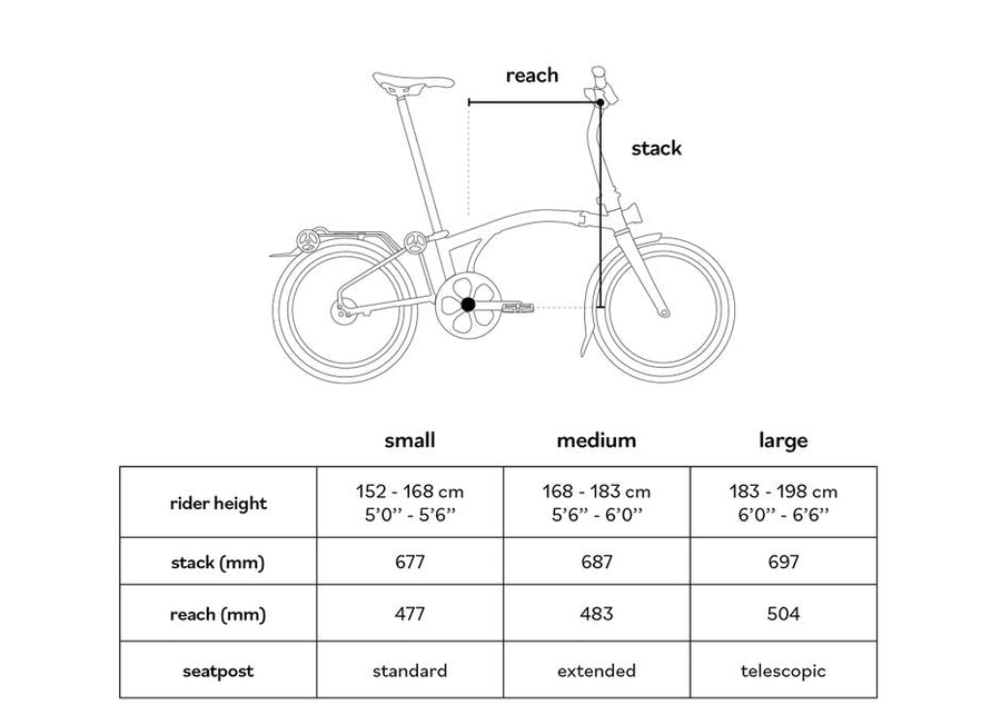 Diagram of a bicycle with dimensions for small, medium, and large sizes on a white background.