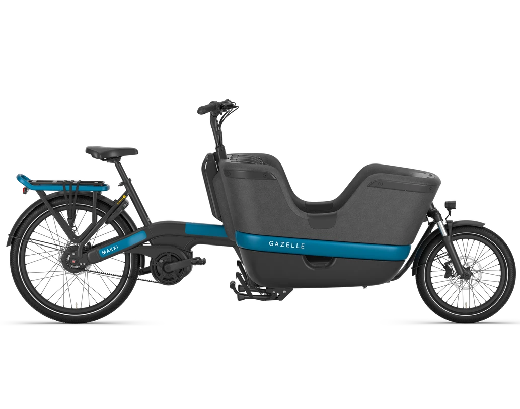 Gazelle Long-John cargo bike with a black seat and blue accents on a white background
