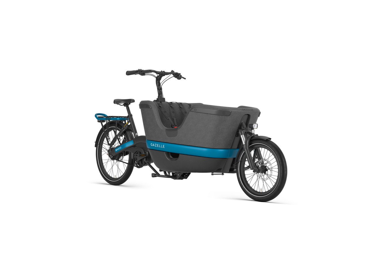 Gray and blue  Long-John cargo bike with a large storage compartment on a white background
