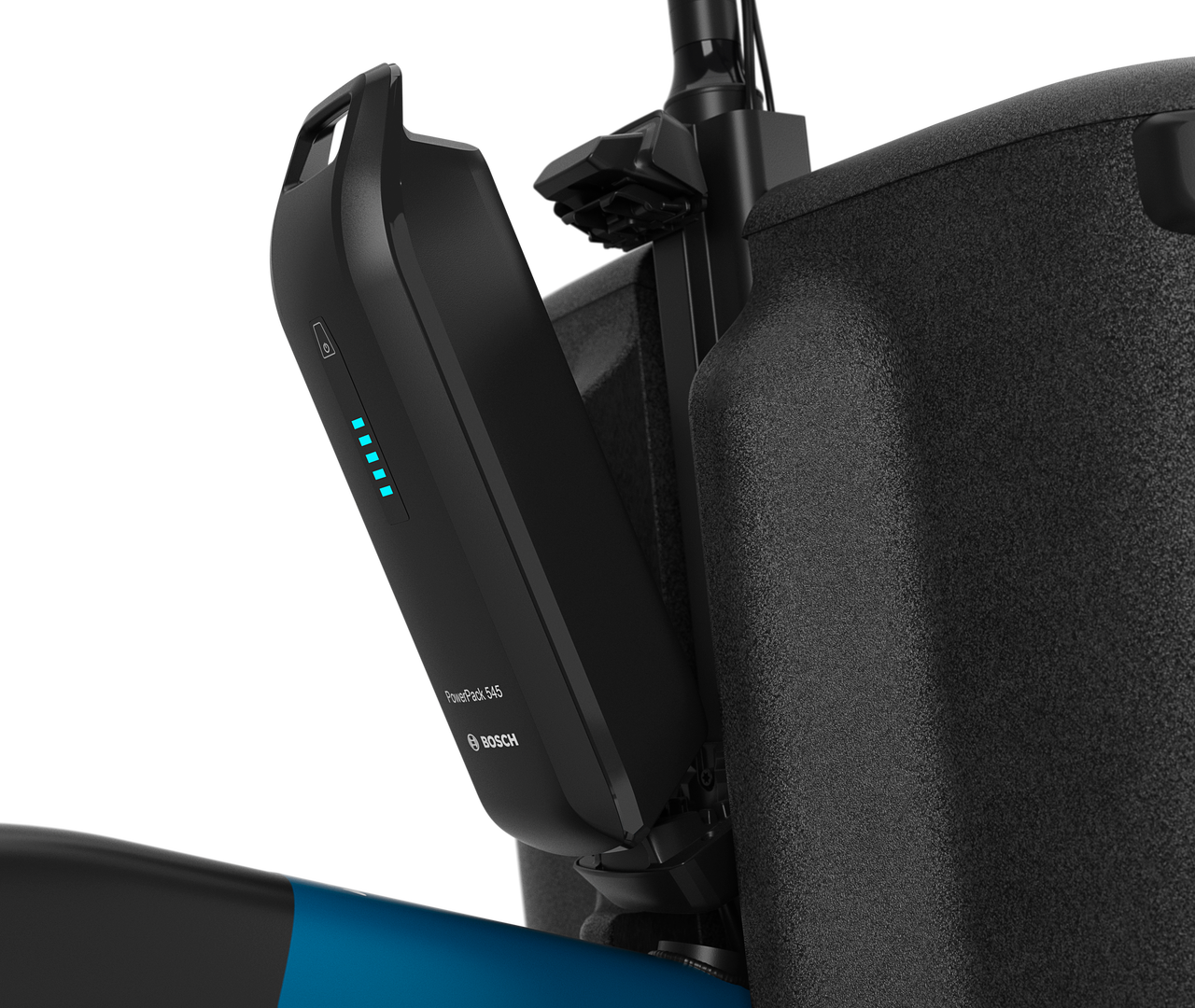 Bosch electric bike battery pack attached to a bicycle frame with visible charging indicator lights.