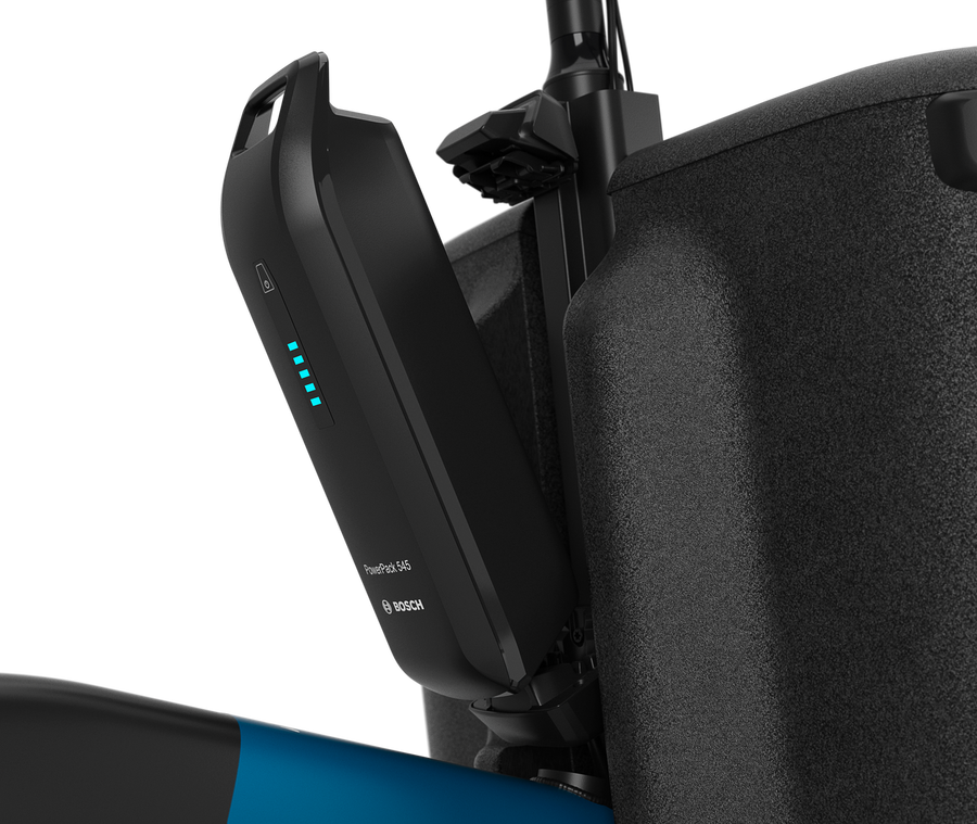 Bosch electric bike battery pack attached to a bicycle frame with visible charging indicator lights.