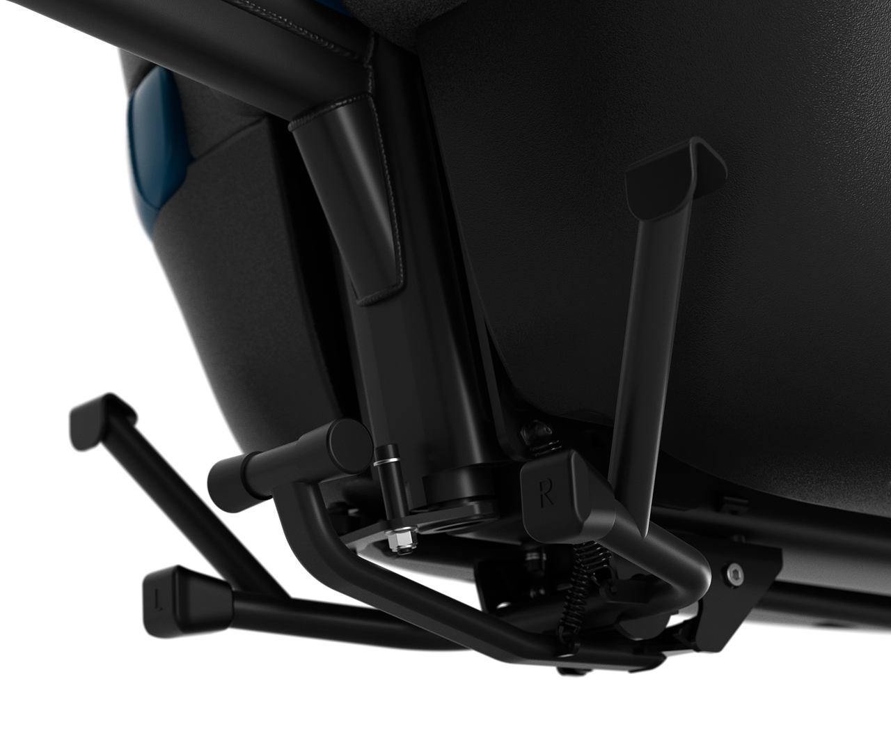 Close-up of a the bottom of a black cargo bike carrier box with adjustable kickstands on a white background
