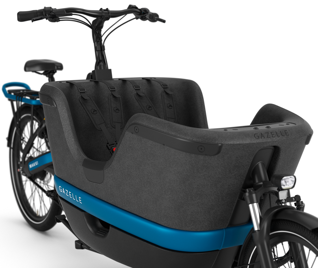 Gazelle electric cargo bike with a black and blue design on a white background