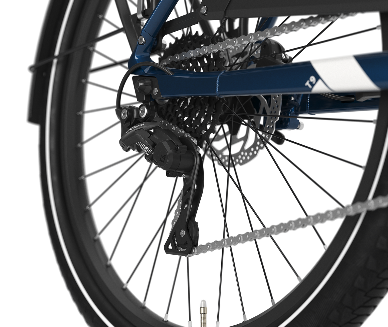 Close-up of a bicycle wheel with chain and gear mechanism on a white background