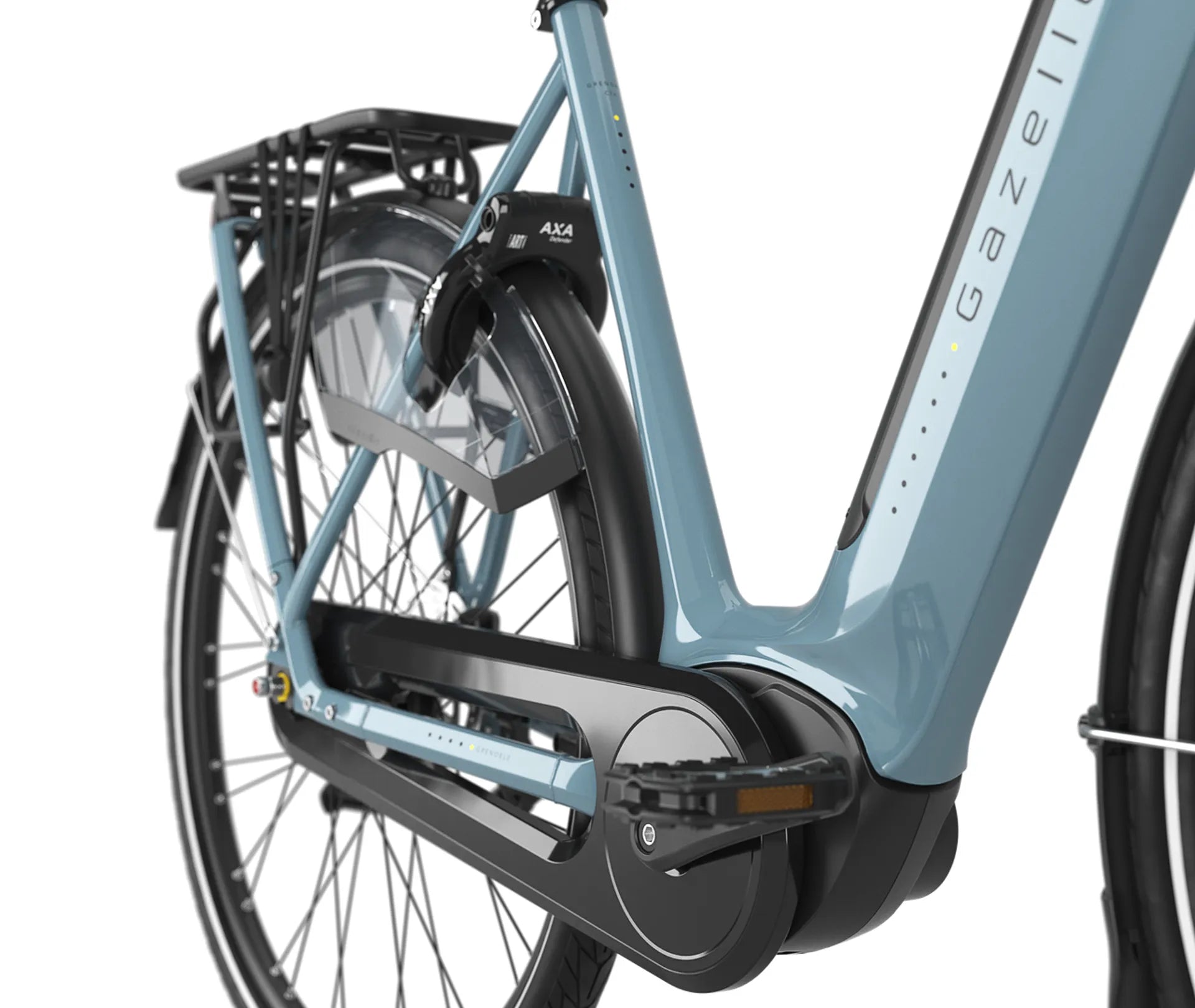 Close-up of a blue bicycle with a visible brand logo on a white background