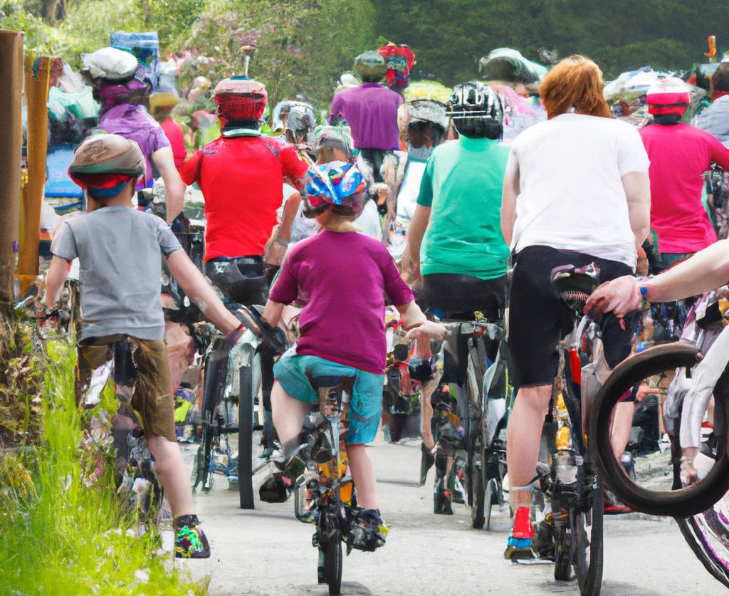 Groups of bicycle riders from behind