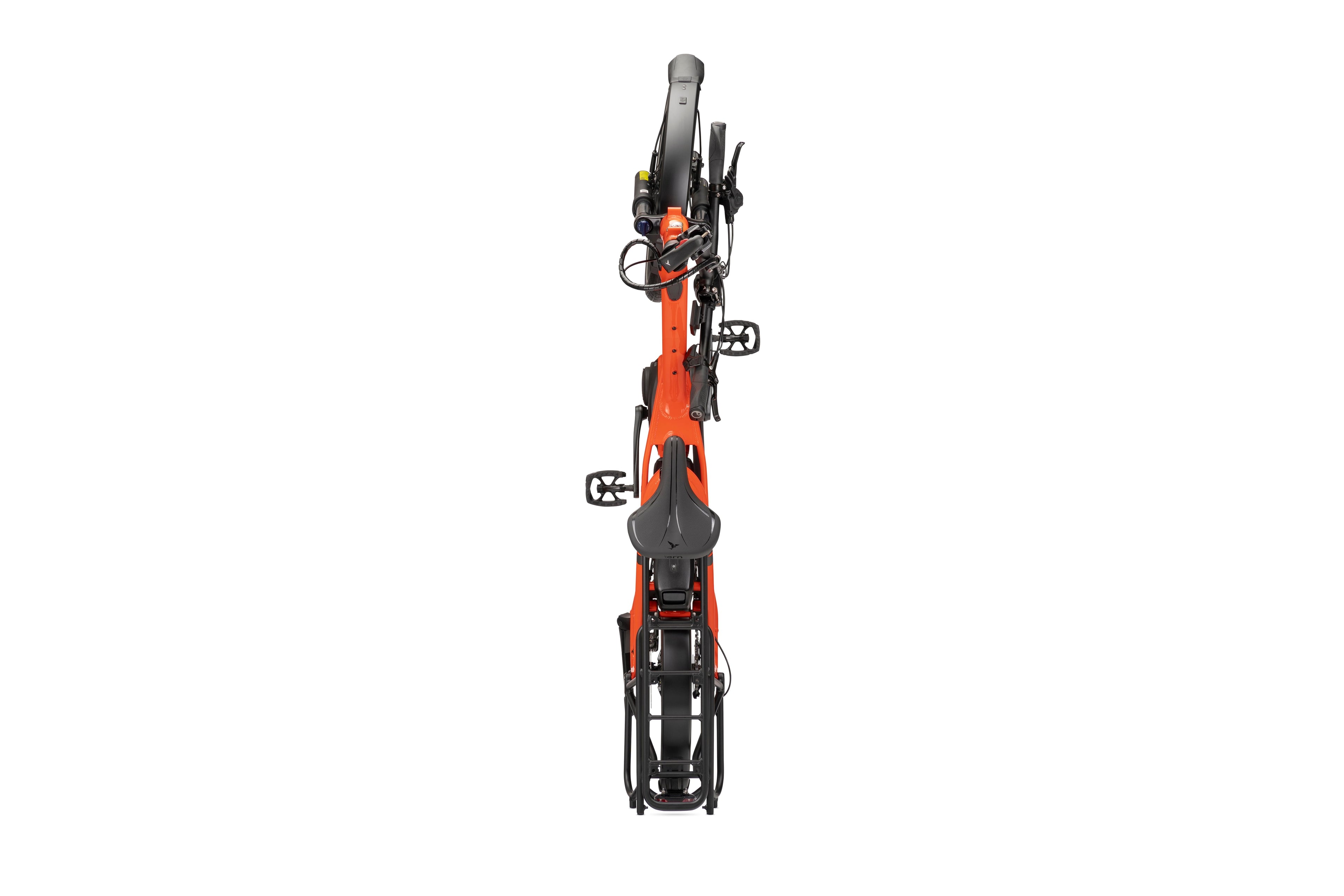 Top-view of an orange and black cargo bike on a white background