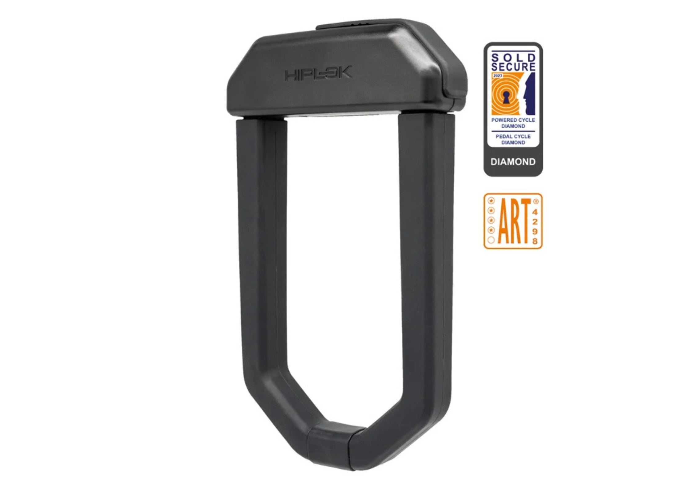 Black bike lock with 'Hiplok' branding and security certification logos on a white background