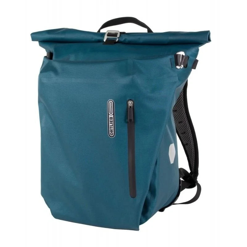 Teal pannier bag with a visible brand logo on a white background