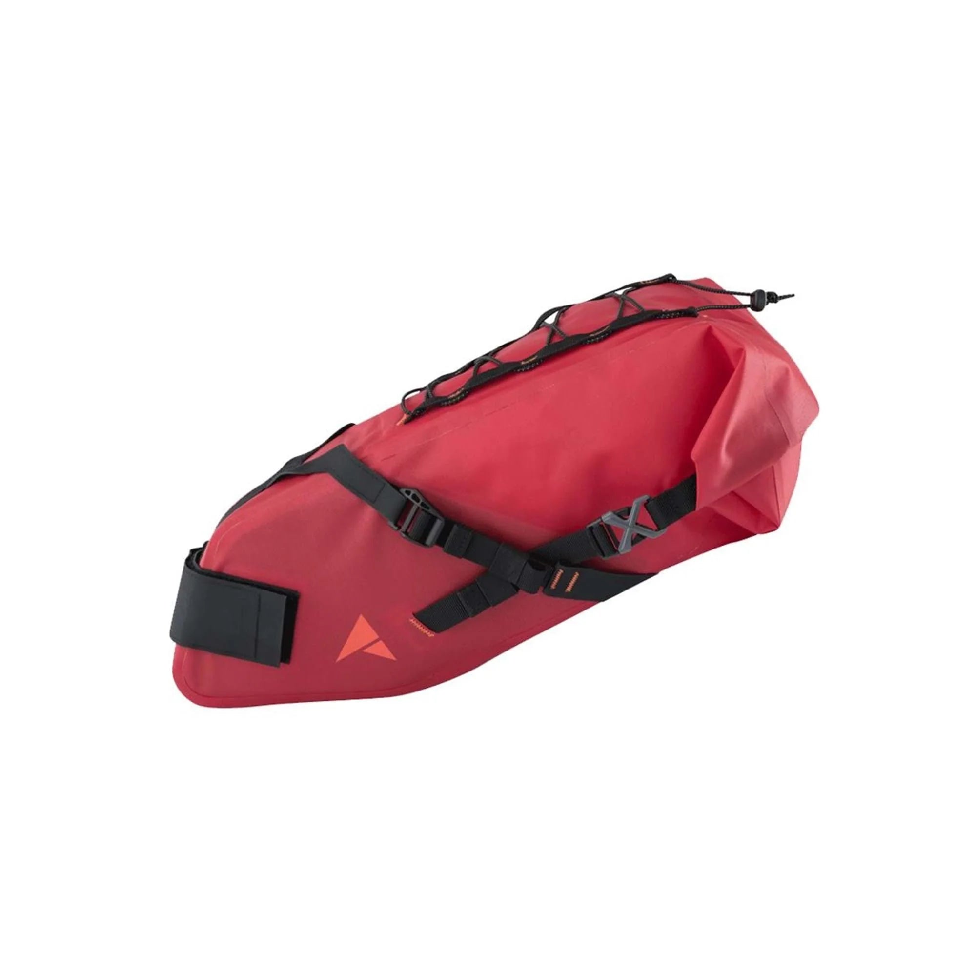 Red cycling bag with black straps on a white background