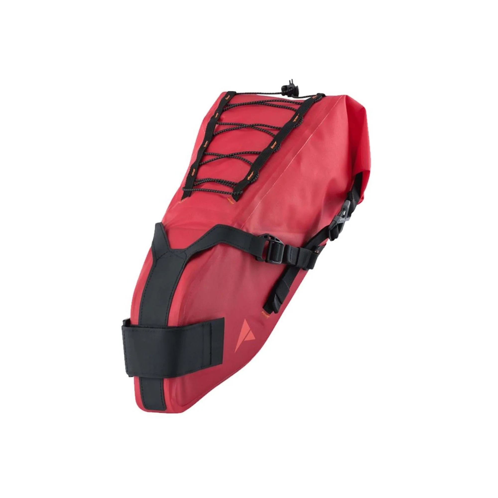 Red bike saddle bag with black straps on a white background