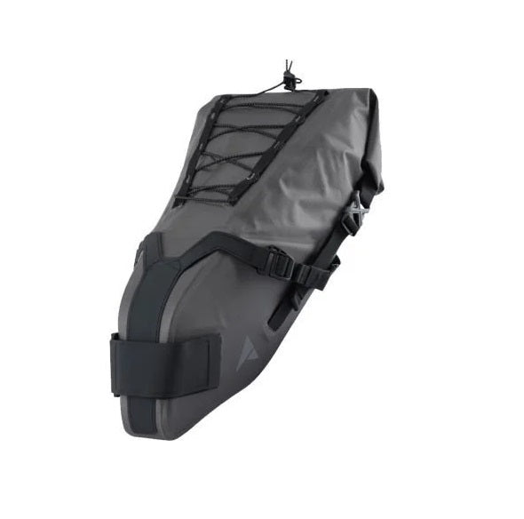 Gray saddle bag with black straps on a white background