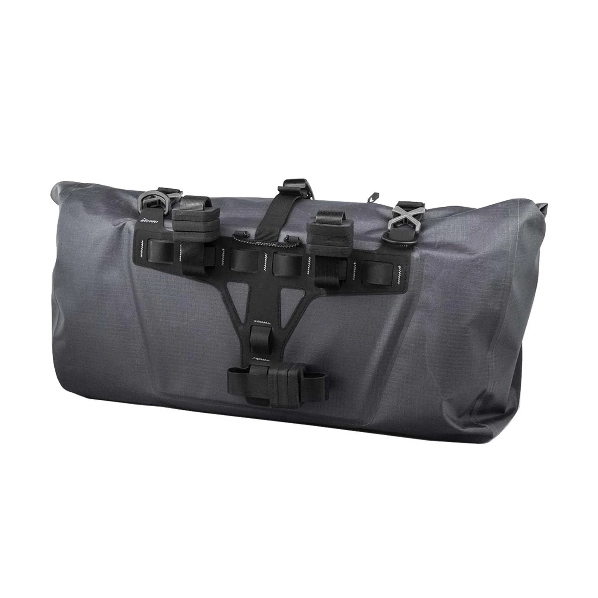 Gray waterproof bag with black straps on a white background