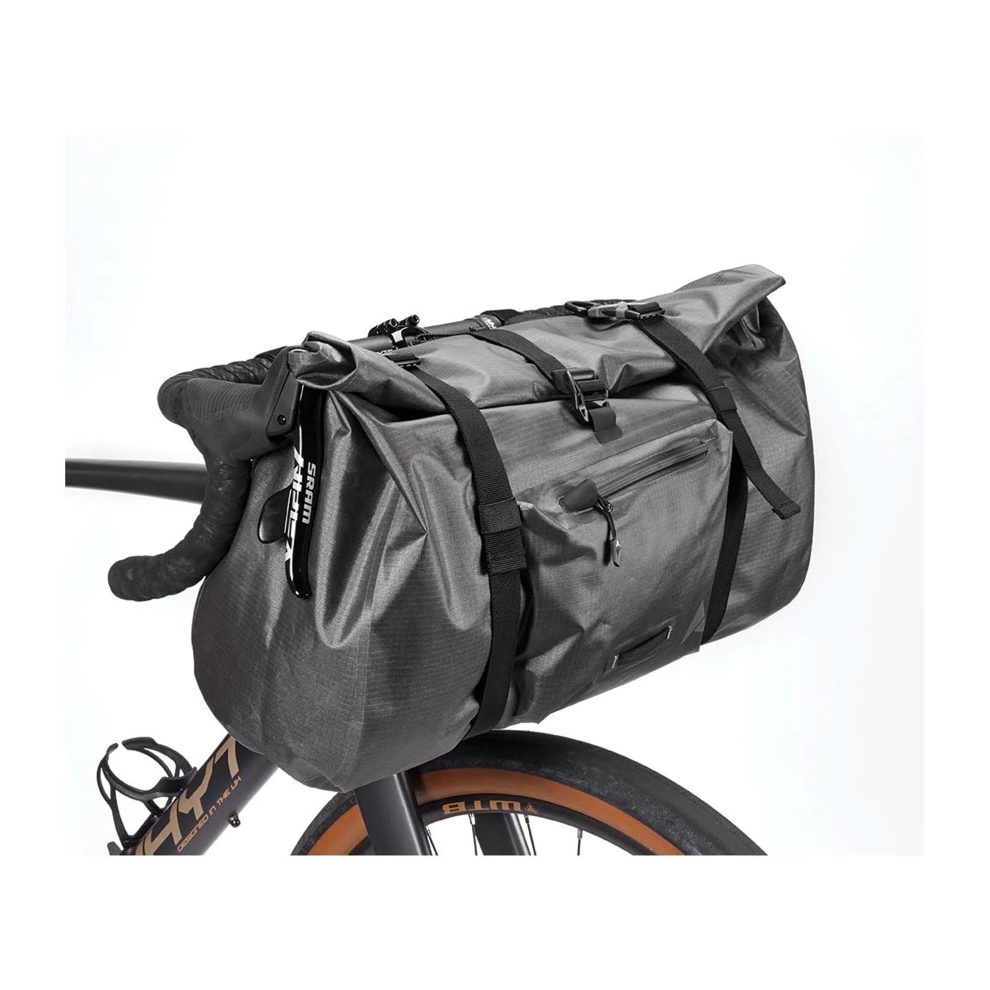 Gray bicycle handlebar bag attached to a bike frame on a white background
