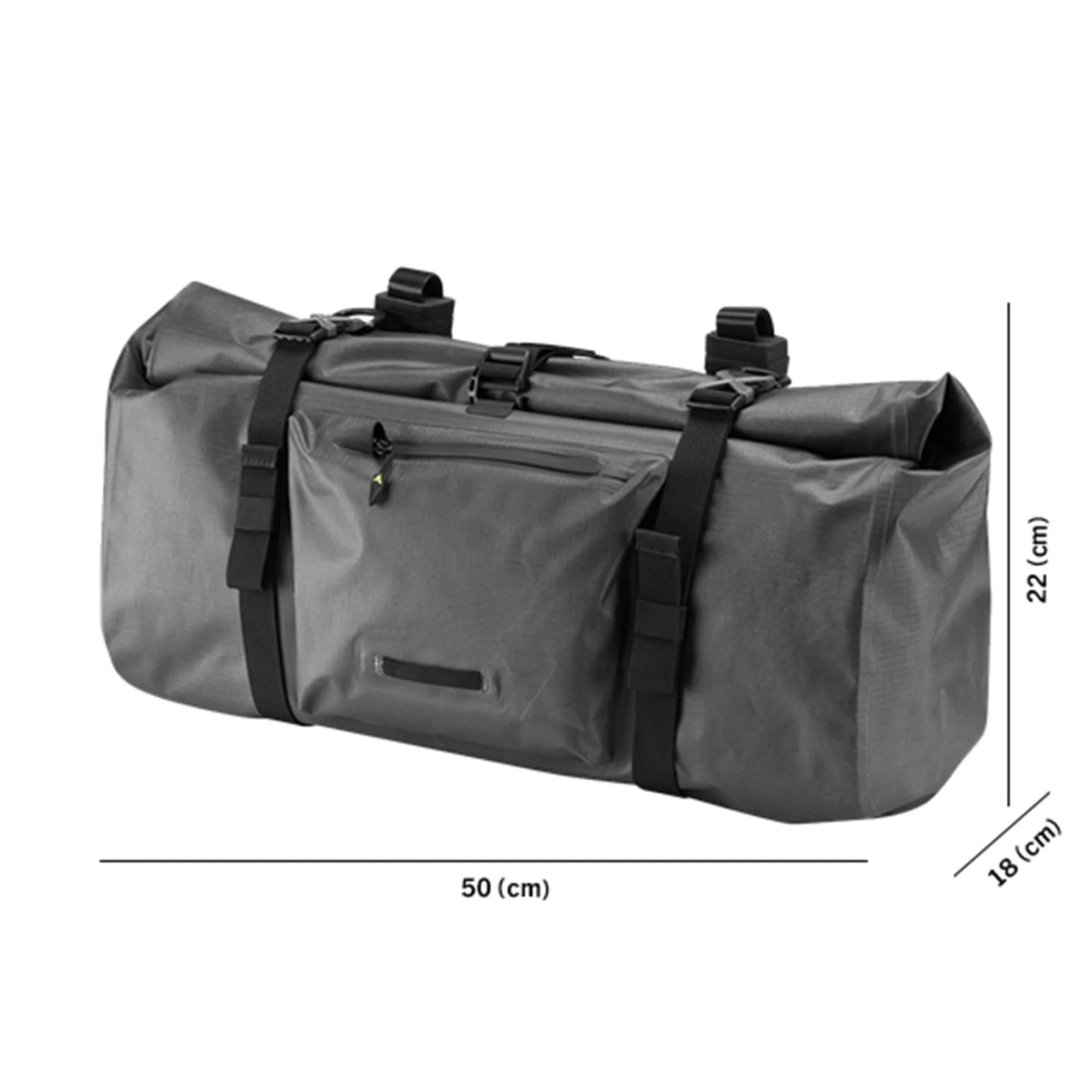 Gray cycling bag with black straps and dimensions on a white background