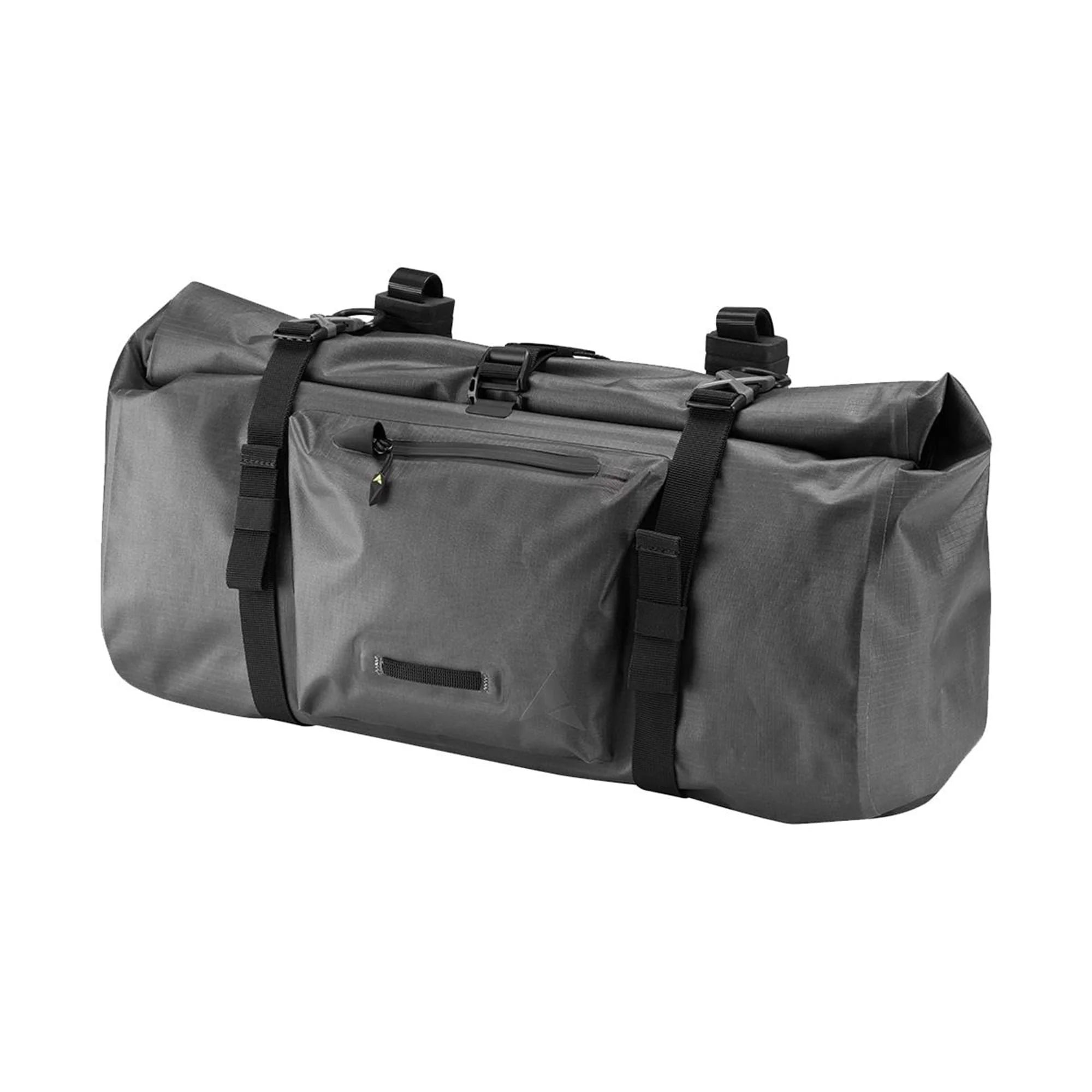 Grey cycling bag with black straps on a white background