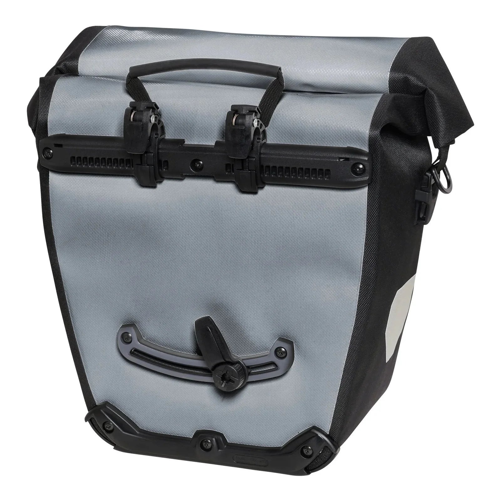 Gray and black bike pannier bag on a white background