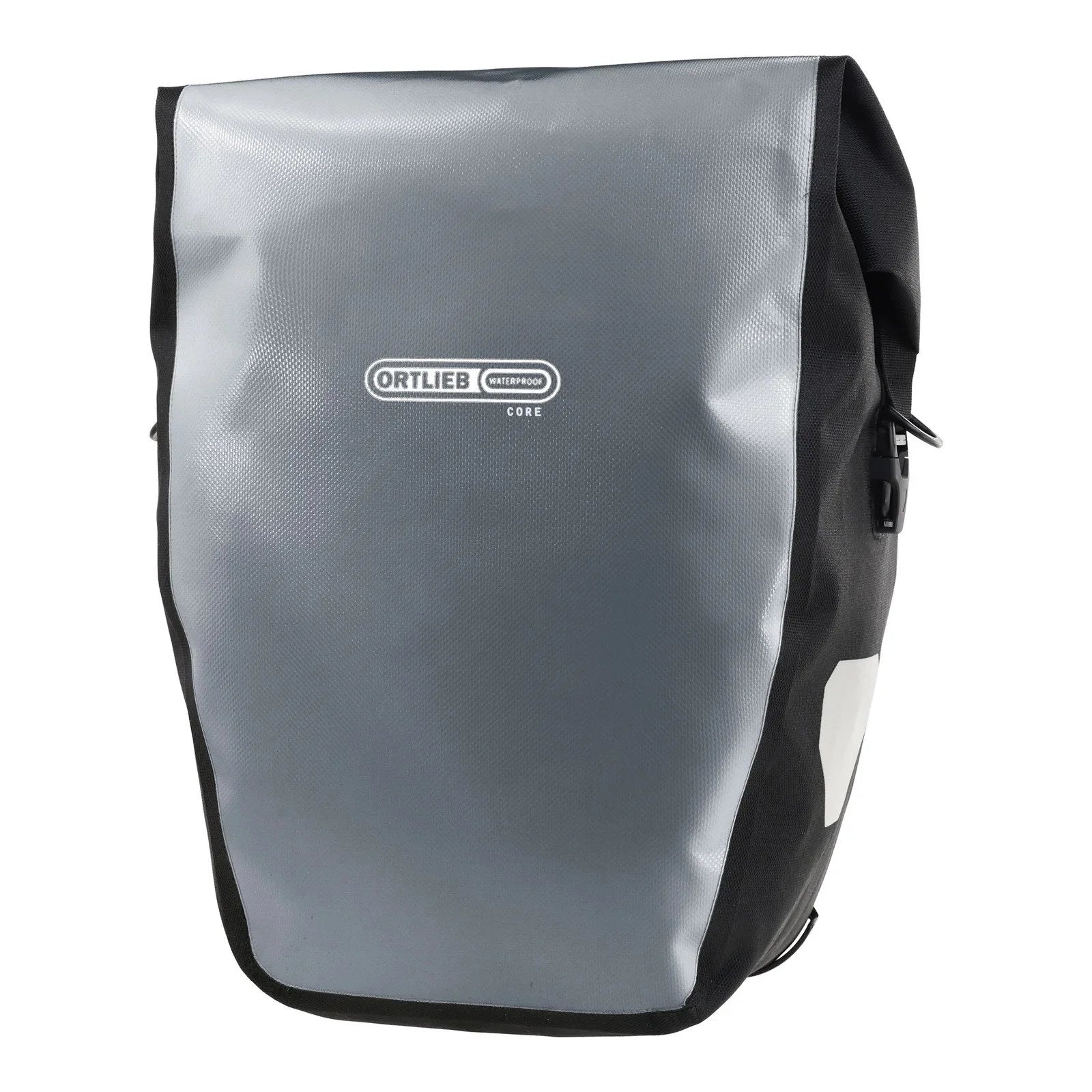 Gray bicycle pannier with black accents on a white background