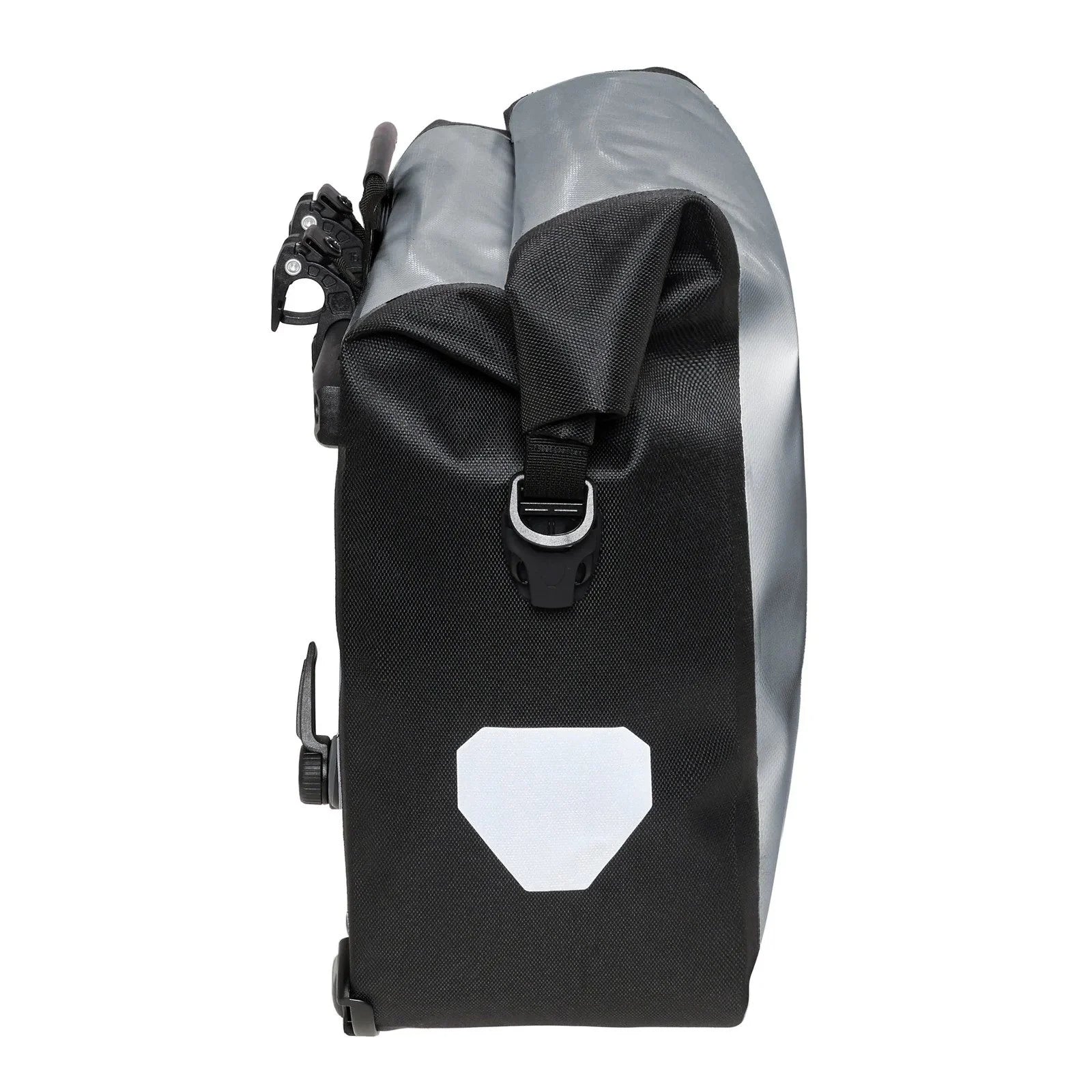 Black and gray roll-top pannier bag with a white hexagonal logo on a white background