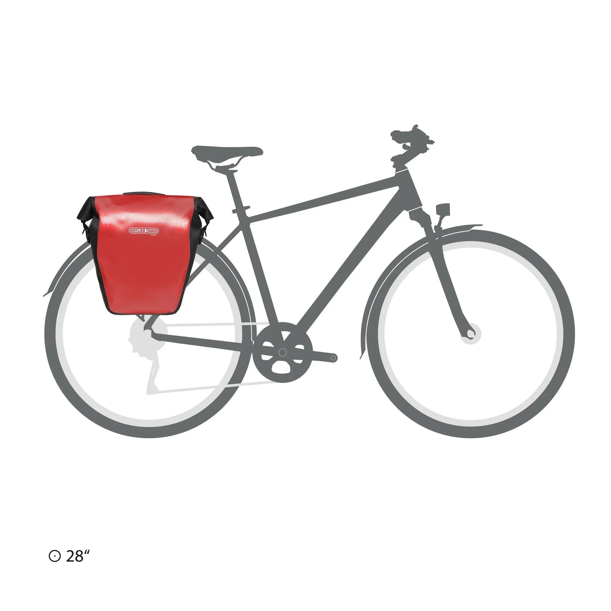 Bicycle with a red pannier bag attached to the back on a white background