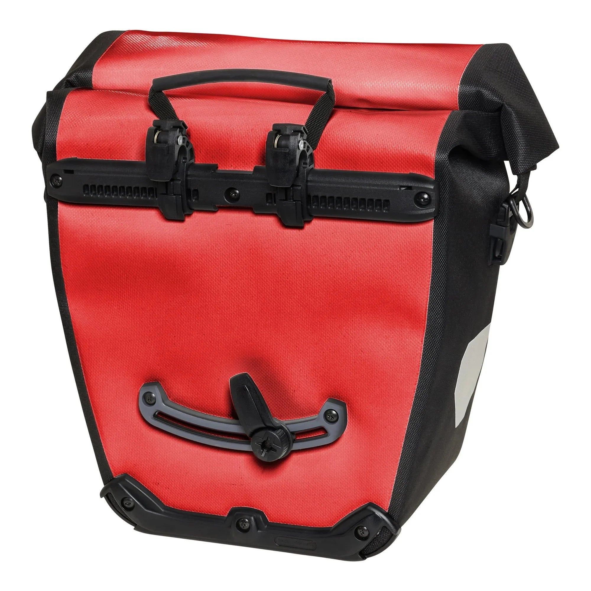 Red and black roll-top bicycle pannier on a white background