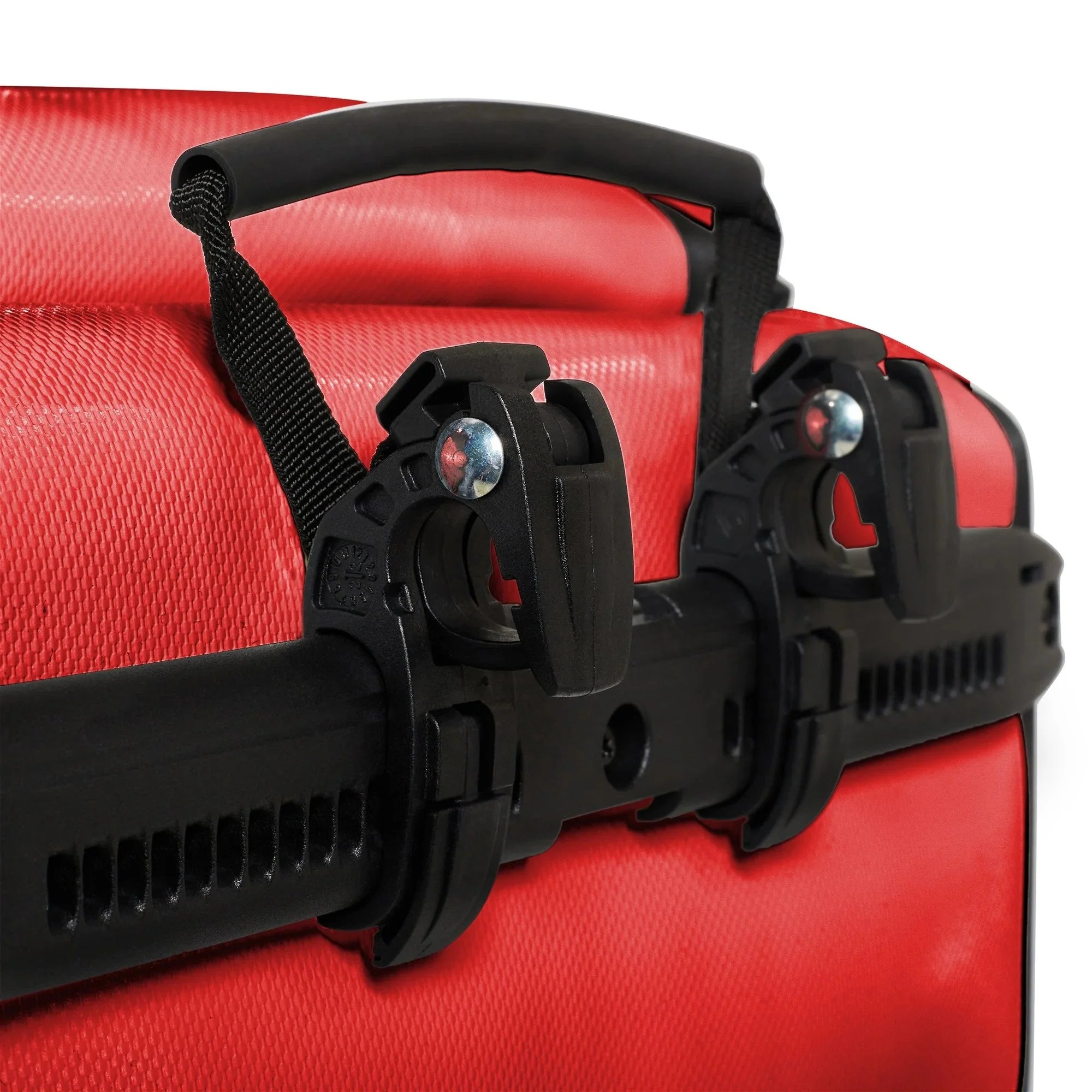 Close-up of a red bicycle pannier handle with black plastic attachments on a white background
