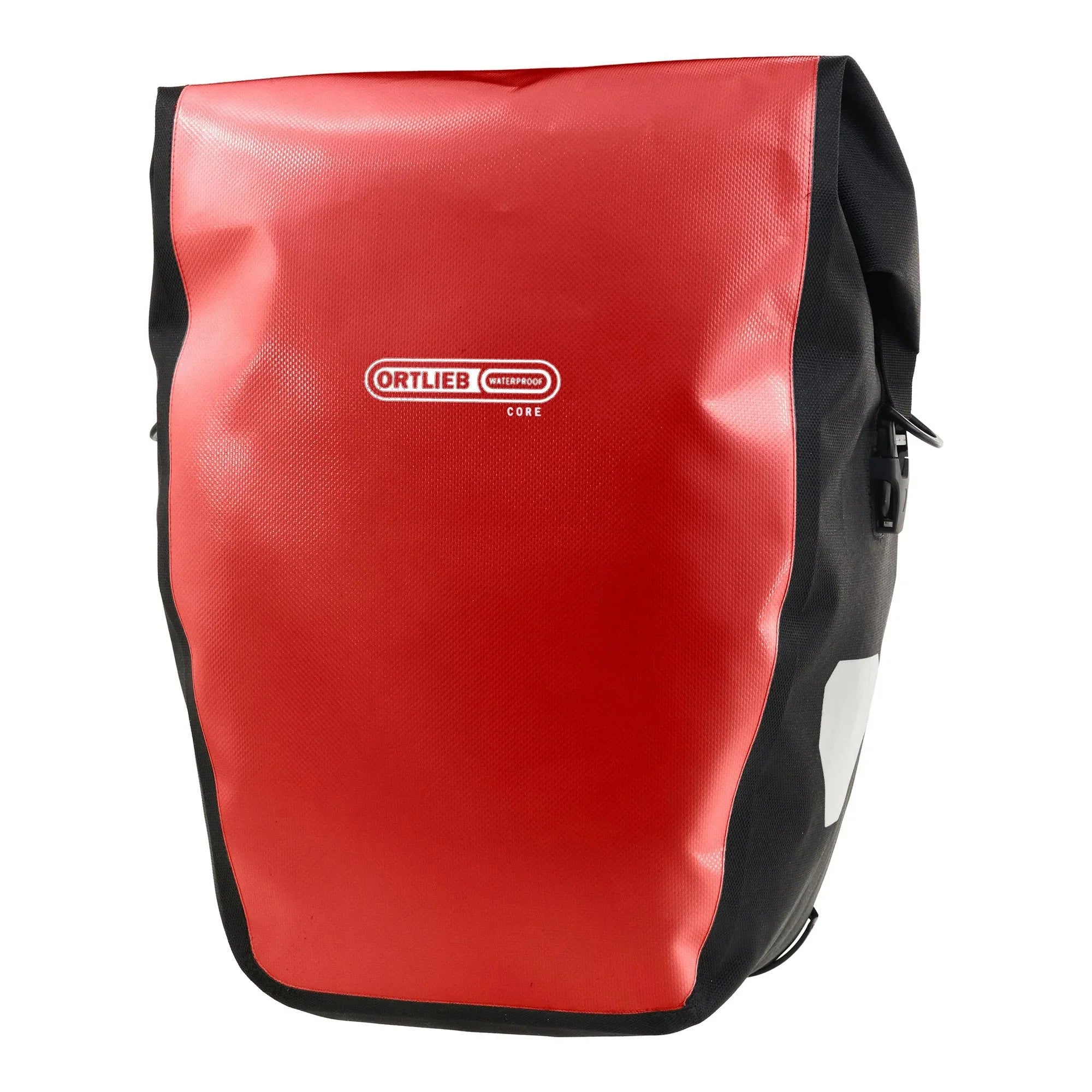 Red bicycle pannier with black sides on a white background