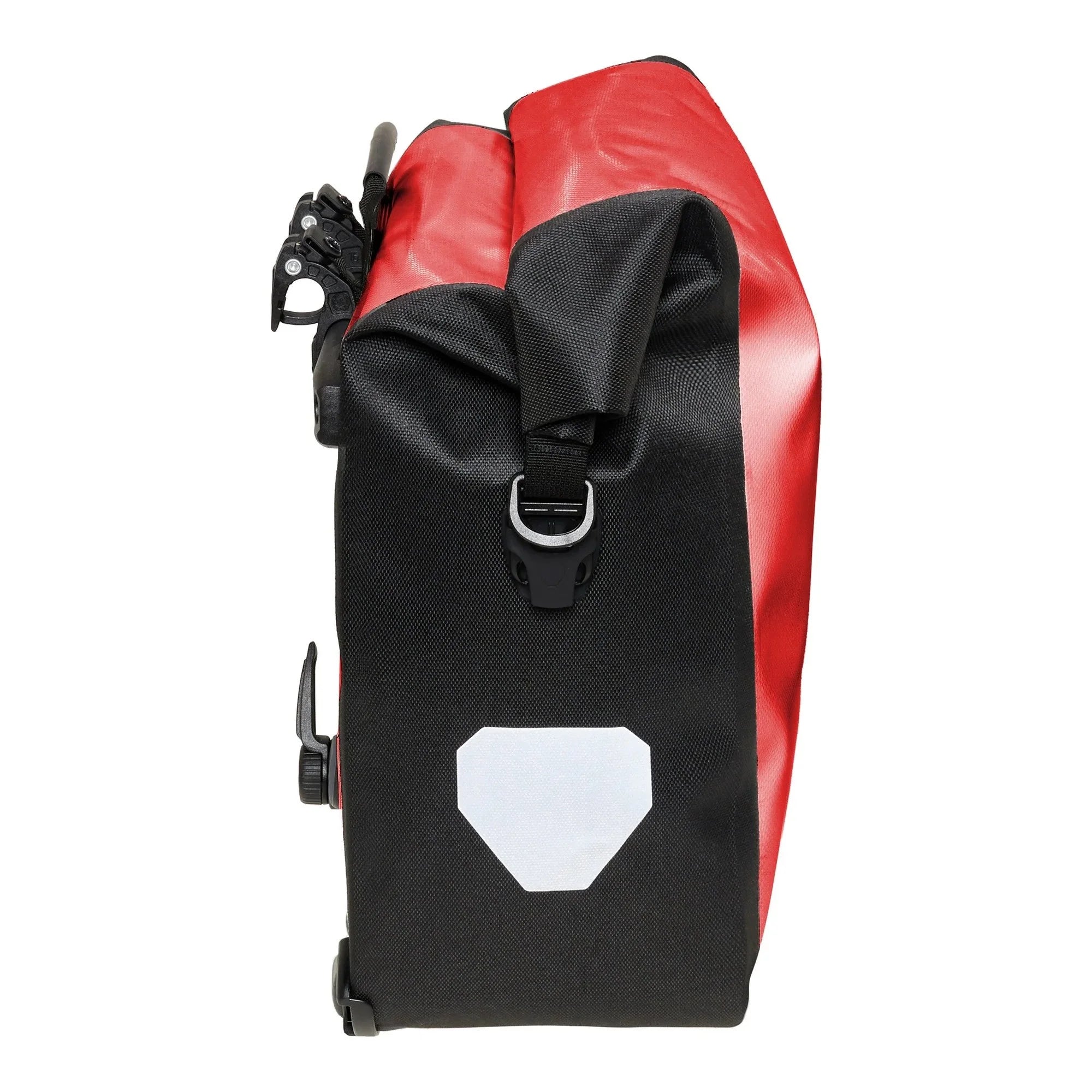 Black and red pannier bag with a white logo on a white background