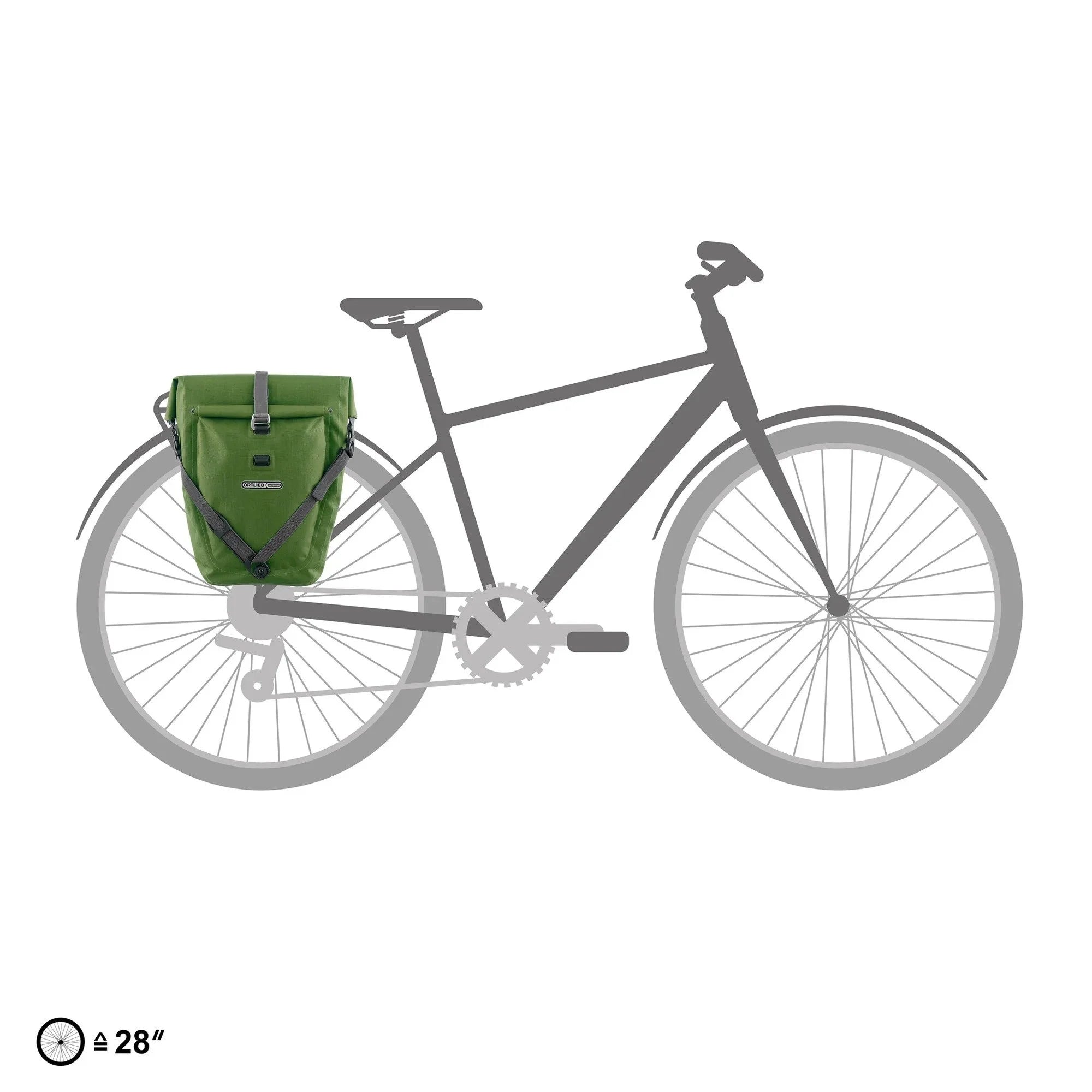Bicycle with a green Ortlieb pannier bag on a white background
