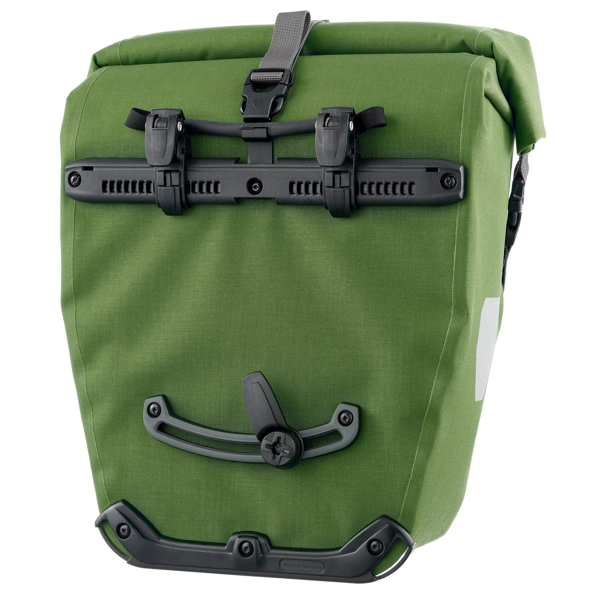 Green bike pannier with black straps and hardware on a white background