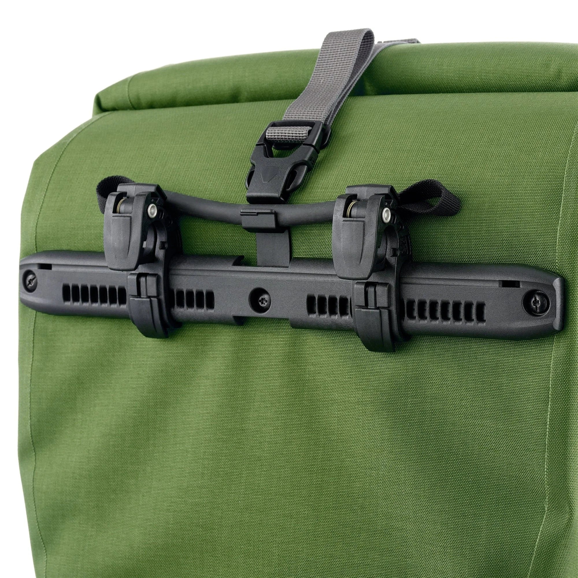 Green bag with a black bike rack attachment on a white background