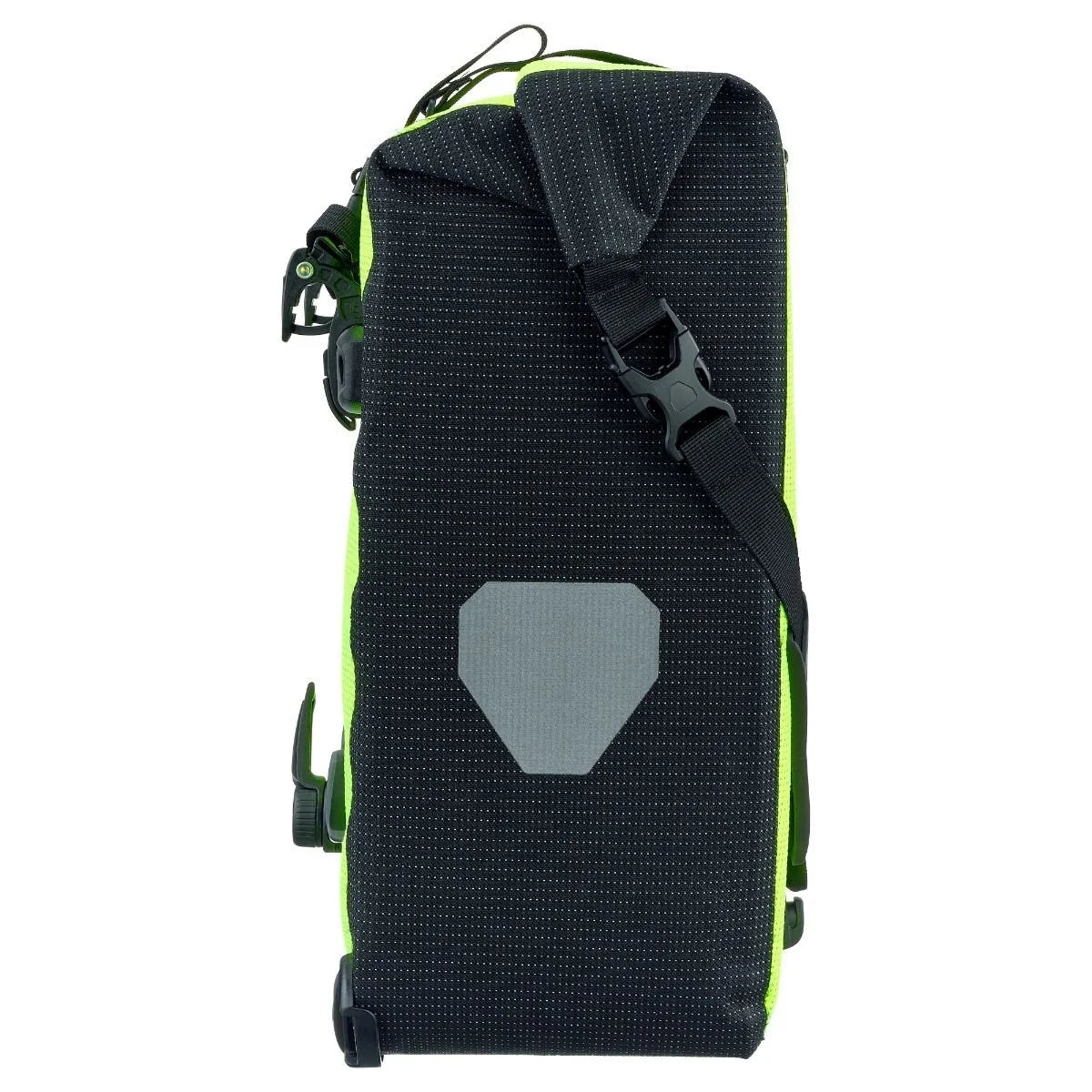 Black and green pannier bag with a gray patch on a white background