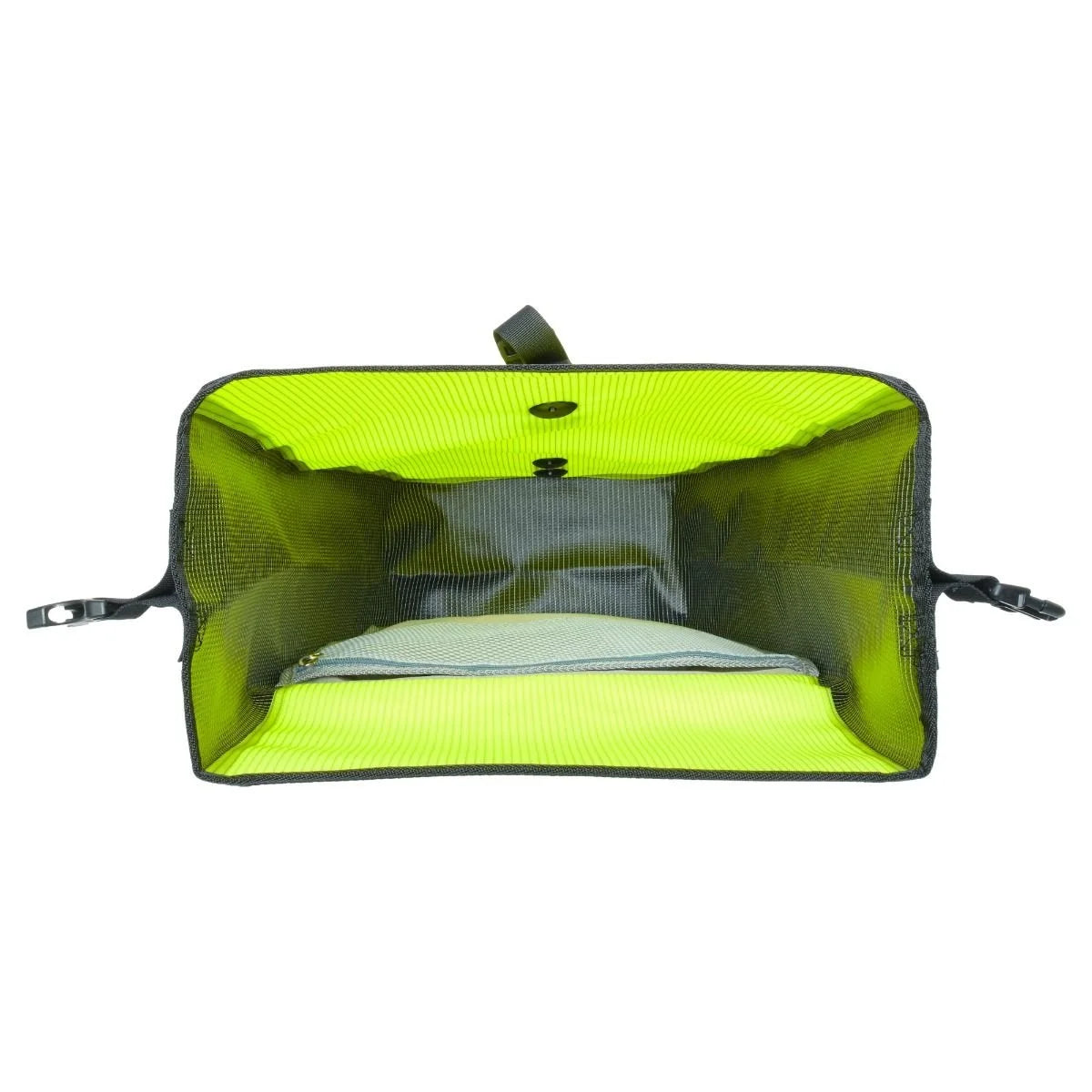Green mesh pannier bag with a clear front panel on a white background