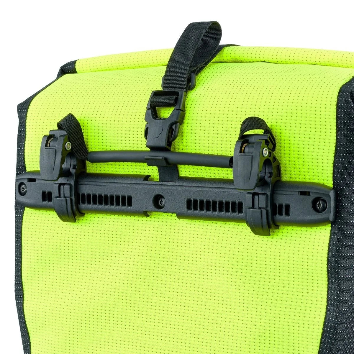 Yellow pannier bag with black straps and hardware on a white background