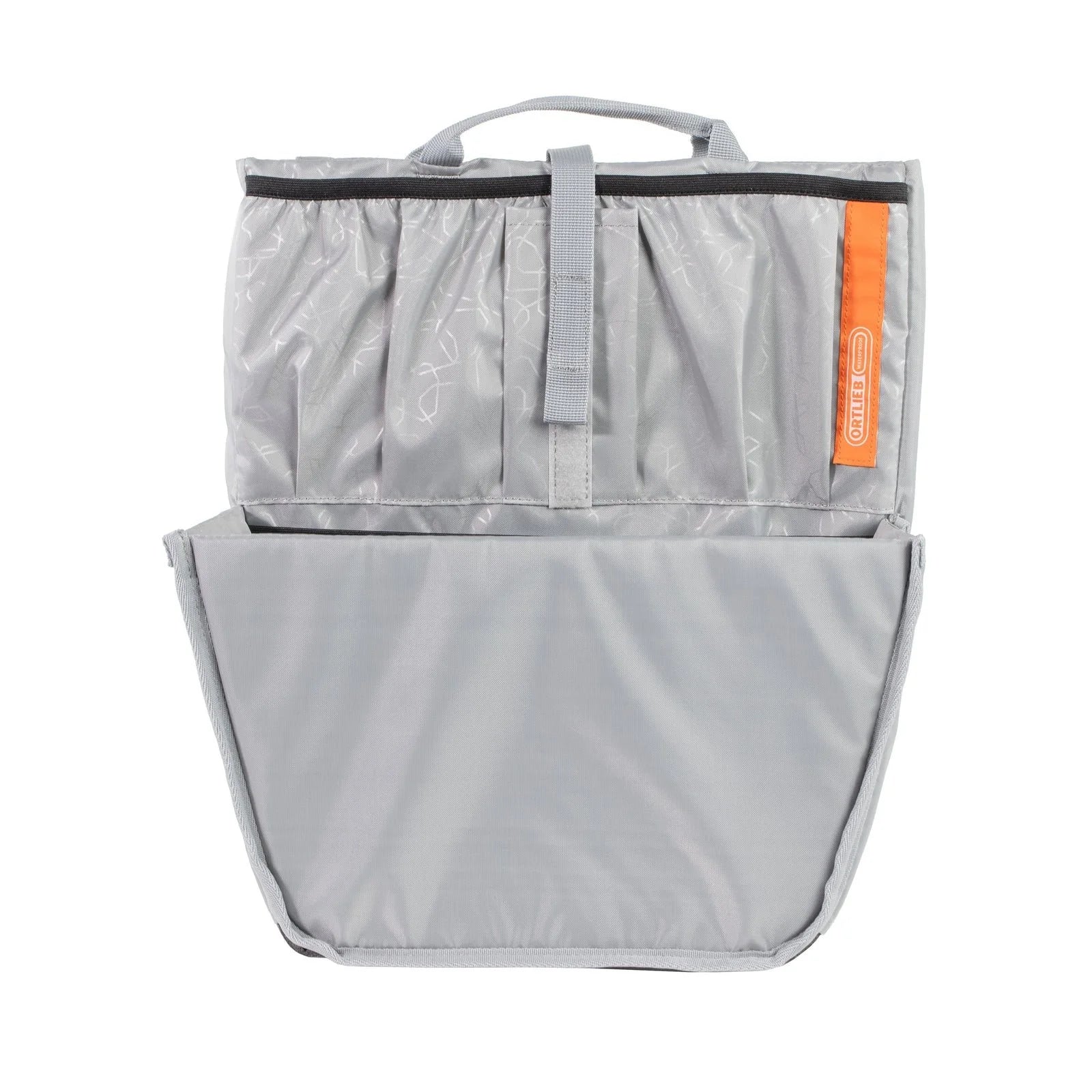 Gray bicycle bag with orange label on a white background