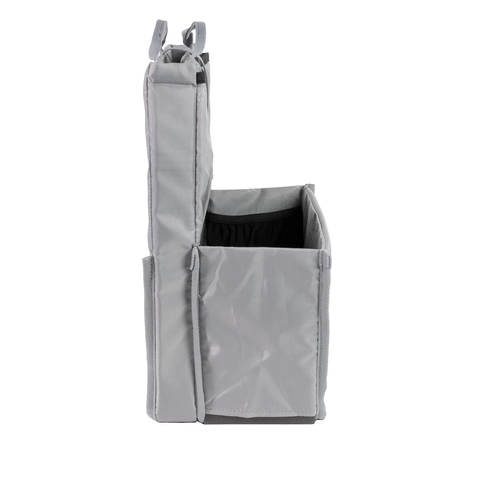 Gray bicycle bag with a black interior on a white background