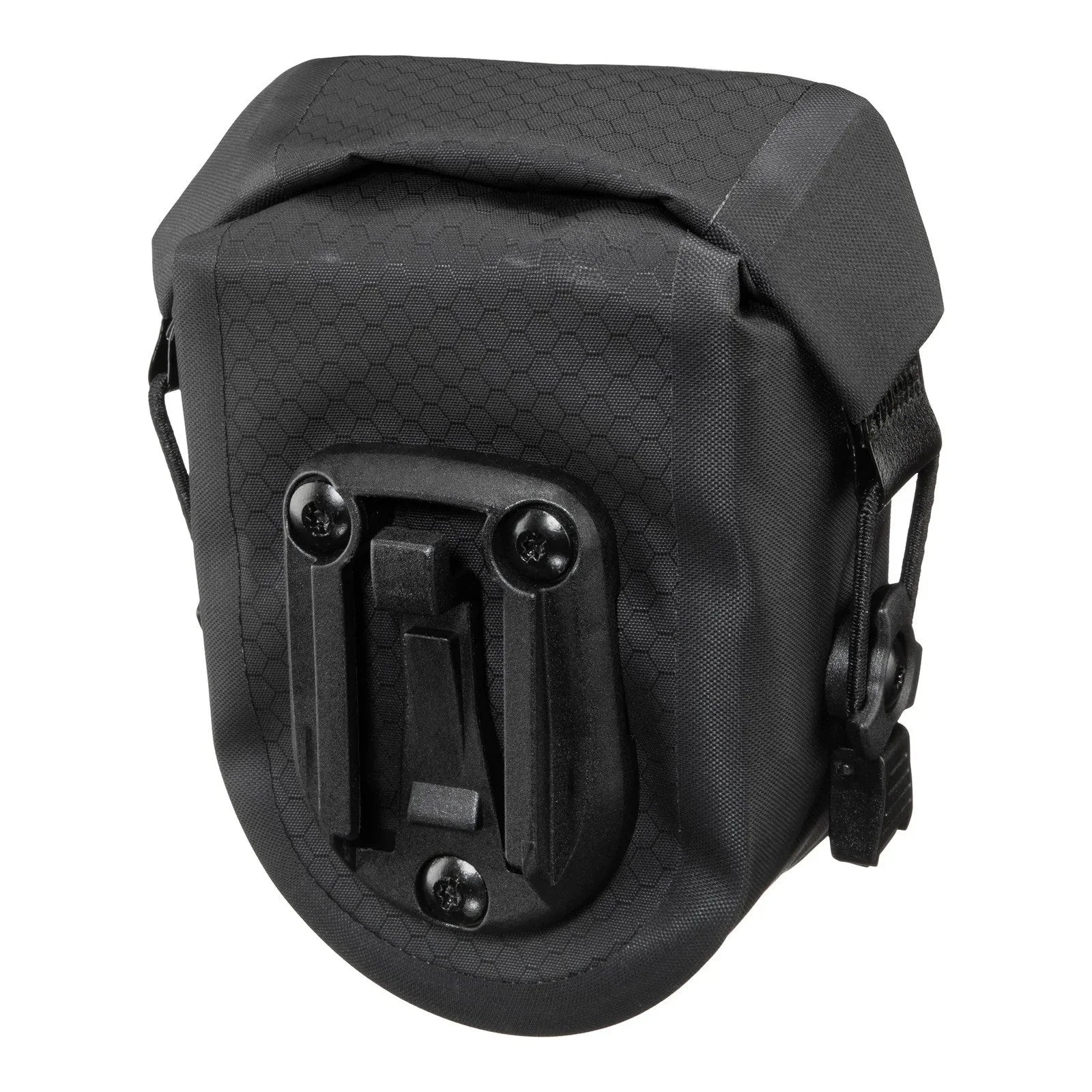 Black bicycle bag with a quilted pattern on a white background